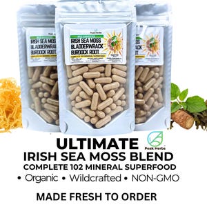 Ultimate Irish Sea Moss Blend, Burdock Root & Bladderwrack Capsules -Wildcrafted Complete 102 Nutrient Blend Dr. Sebi Inspired Peak Herbs