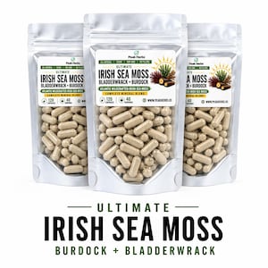 Ultimate Irish Sea Moss Blend Superfood Capsules: Burdock Root & Bladderwrack - Fresh Wildcrafted 102 Nutrients