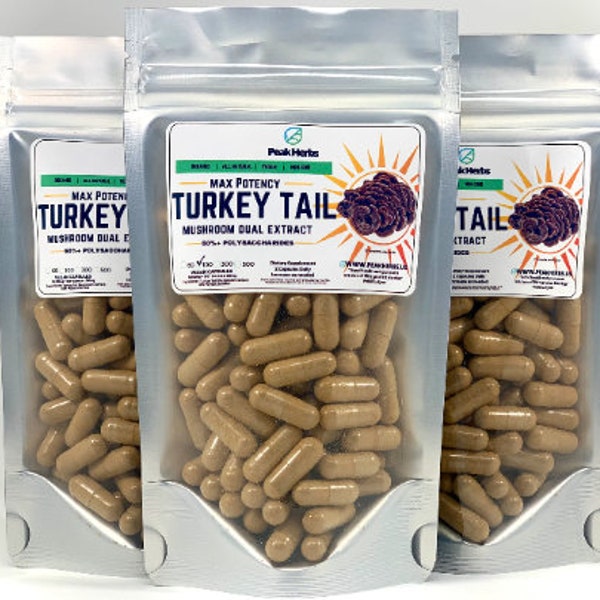 Organic Turkey Tail Extract Capsules - Pure Dual Extracted, Fruiting Body Mushroom, All Natural, No Fillers - Peak Herbs