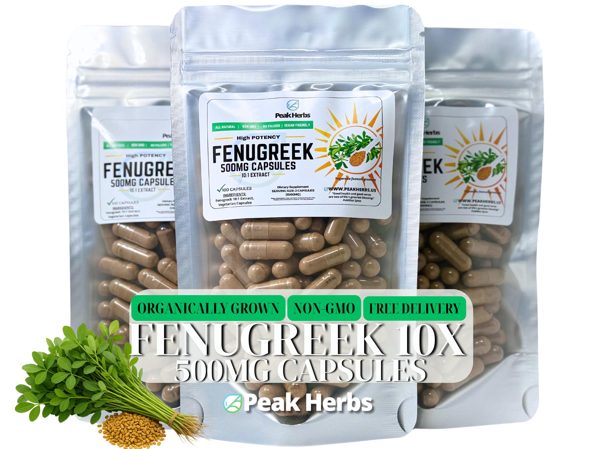 Organic Fenugreek 500mg Extract Capsules - Organically Grown, NON-GMO, Dairy Free, Soy Free, All Natural for Men & Women by  Peak Herbs