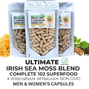 Ultimate Irish Sea Moss Blend Superfood Capsules: Burdock Root & Bladderwrack - Fresh Wildcrafted 102 Nutrients