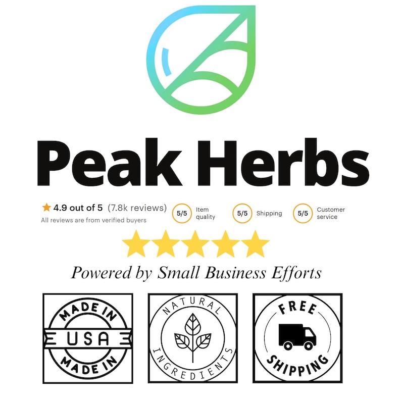 K&ouml;nnte beinhalten: Das Peak Herbs-Logo zeigt ein gr&uuml;nes und blaues Blattdesign &uuml;ber dem Text "Peak Herbs" in fetten schwarzen Buchstaben. Das Bild enth&auml;lt Kundenbewertungen, goldene Sterne und Siegel mit der Aufschrift "Made in USA", "Nat&uuml;rliche Inhaltsstoffe" und "Kostenloser Versand".