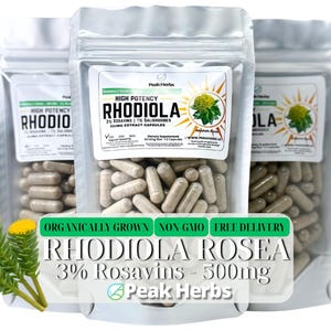 Organic Rhodiola Rosea 500mg Extract Capsules - 3%  Rosavins,1 Salidroside, Organically Grown, NON-GMO, No Fillers by Peak Herbs
