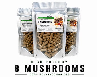 8 kapsułek z mieszanką grzybów: energetyzująca mieszanka wspomagająca koncentrację i energię firmy Peak Herbs
