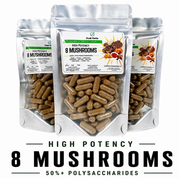8 kapsułek z mieszanką grzybów: energetyzująca mieszanka wspomagająca koncentrację i energię firmy Peak Herbs