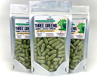 Gélules de superaliments Ultimate Three Greens - Mélange de matcha, de moringa et de spiruline - Tous Natural Energy Focus Peak Herbs