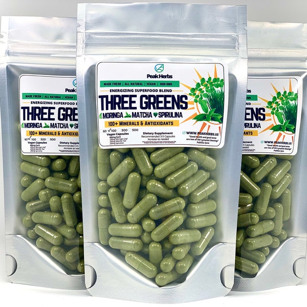 Moringa + Matcha + Spirulina Capsules - Three Greens Superfood - Peak Herbs