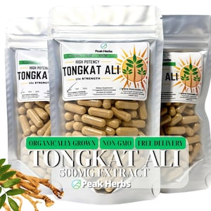 Organic Tongkat Ali 10x Extract 500mg Capsules - Organically Grown, NON-GMO, Daily Free, Gluten Free, Men & Women Vitality by Peak Herbs