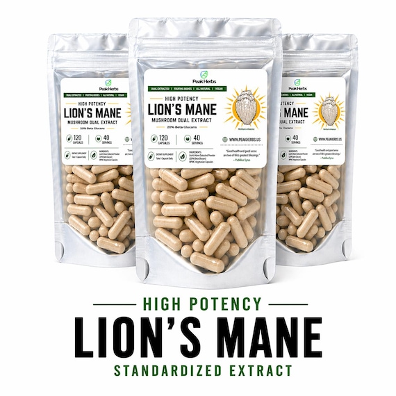 Lion's Mane Mushroom Extraxt Capsules: Standardized Dual Extracted, Beta Glucans by Peak Herbs