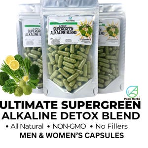 Cápsulas desintoxicantes alcalinas Ultimate Supergreen: mezcla de superalimentos orgánicos y sin OMG de Peak Herbs