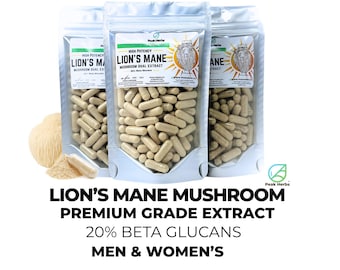 Lion's Mane Mushroom Capsules: Standardized Dual Extracted, 20% Beta Glucans NON-GMO Made Fresh