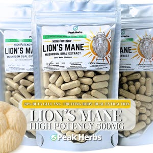 Lion’s Mane Mushroom Extract Capsules - Fruiting Body Dual Extracted 20% Beta Glucans, 30 Polysacchides, NON-GMO, No Fillers - Peak Herbs
