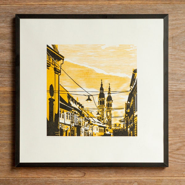 Holy Trinity Cathedral in Sibiu, Romania - Limited Edition (50) - Original Two Colour Block Print, 32x32cm