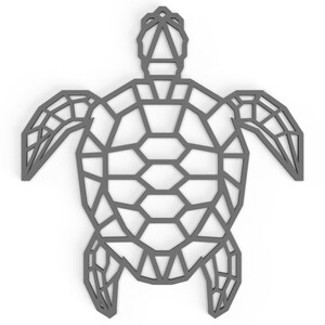 Op de afbeelding: Een geometrisch, grijs, metalen schildpad silhouet. De schildpad is gemaakt van een reeks verbonden driehoeken, waardoor een modern en abstract ontwerp ontstaat.