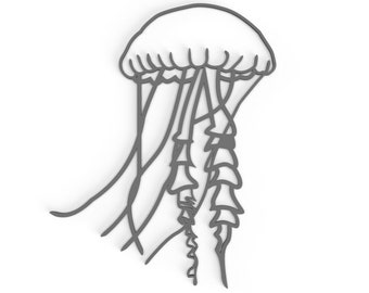May include: A black and white line drawing of a jellyfish with long tentacles.