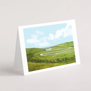 May include: A scenic landscape painting depicting a meandering river flowing through a verdant valley. The sky is blue with white clouds. The painting is framed in a white mount.