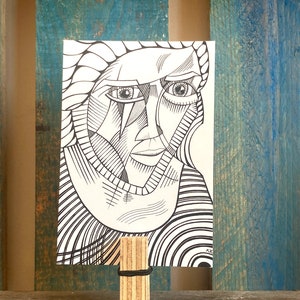 BW Carte Postale Dynamique Espoir Femme Visage Portrait Envoûtant Abstrait Ligne Art Visionnaire Inspirant Satisfaisant A6 Unique Intrigant Complexe