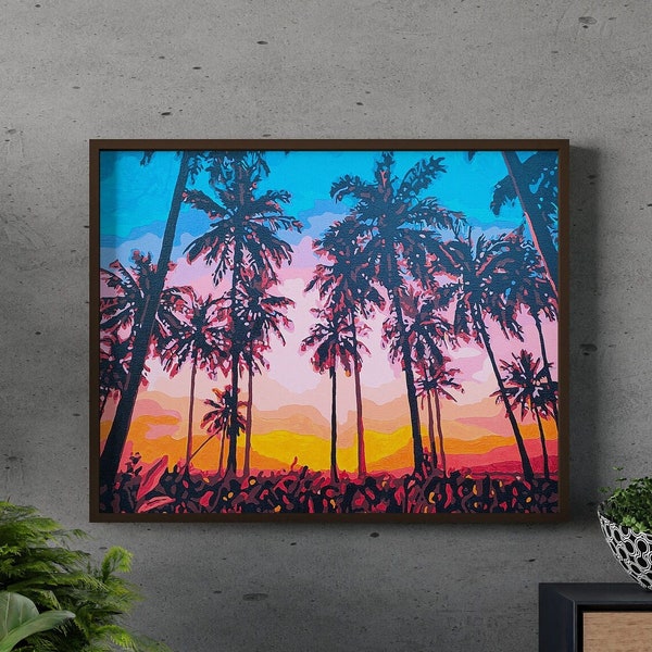 Sunset Beach Palm Trees peinture sur toile 16x20 pouces cadre 40x50 cm peinture acrylique décor à la maison fait à la main