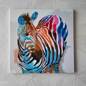 Colorful Zebra painting on canvas 16x16 inches frame 40x40 cm acrylic painting home decor handmade