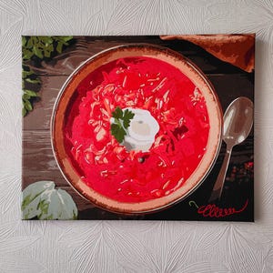 Ukrainian Borsch painting on canvas 16x20 inches frame 40x50 cm Ukrainian Borshch acrylic painting Food home decor handmade