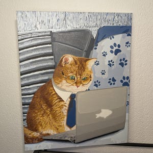Office Cat Cute Little Bussinesman illustration 16x20 inches frame 40x50 cm acrylic painting home decor handmade