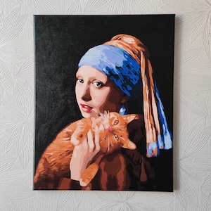 Girl with a Pearl Earring and Cat portrait reproduction painting on canvas 16x20 inches frame 40x50 cm acrylic painting home decor handmade