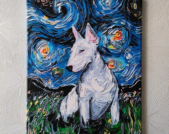 May include: A white bull terrier dog sitting in a field of green grass with a blue and white starry night sky in the background. The painting is done in a style reminiscent of Vincent van Gogh.