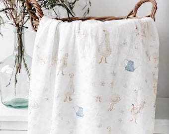 Goose Print Bamboo Cotton Swaddle Blanket | Silky Soft Baby Receiving Blanket