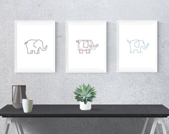 Minimalism Elephant - Set of 3 - Line Art - Animal Art - One-liner