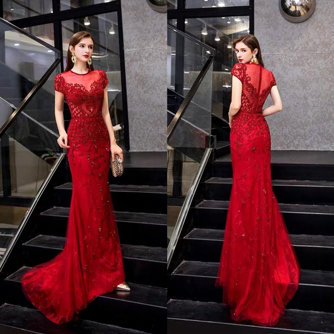 red beaded ball gown