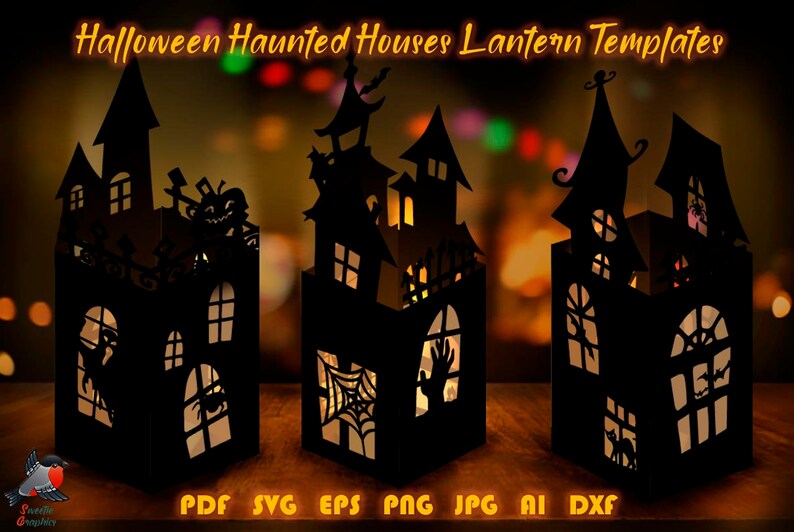 Art Collectibles Clip Art Cricut Svg Eps Dxf Paper Cut Diy Lantern Papercraft Candles Haunted Houses Bats Pumpkin Template 3 Spooky Halloween Lanterns Template