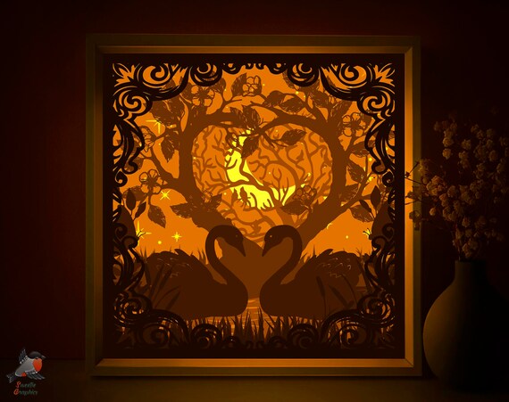 Download Clip Art Love Birds Lightbox Paper Cutting Template Heart Shaped Shadow Box Papercut 3d Layer Light Romantic St Valentine Gift Shadowbox Svg File Art Collectibles