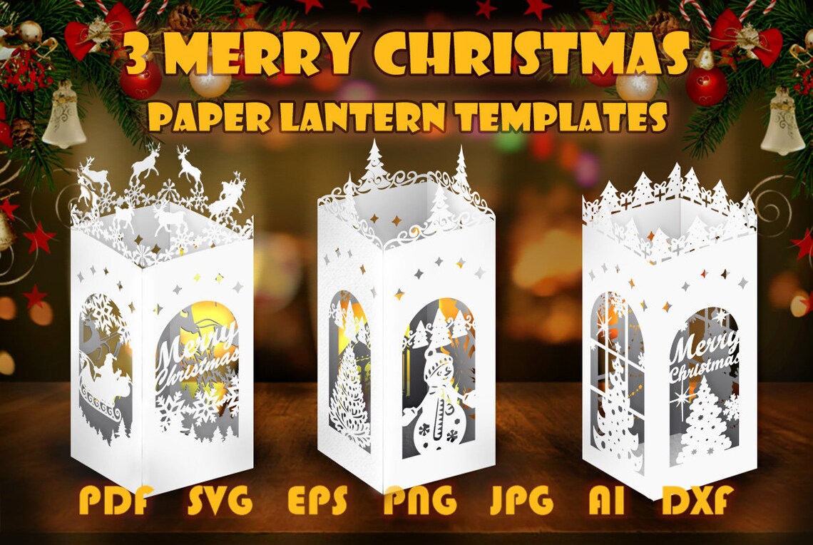 3 Merry Christmas lanterns Template paper cut diy lantern | Etsy