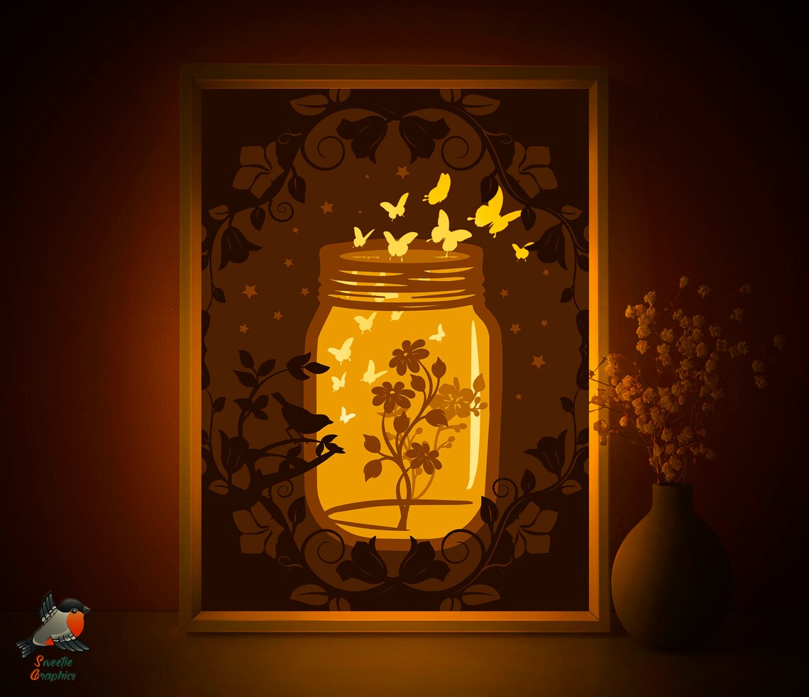 Butterfly Jar Lightbox modèle de coupe de papier Bird Flower Etsy