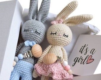 Twin bunny toys girl and boy, Twins baby gift set, twin mom gifts, twins pregnancy announcement, twins baby shower