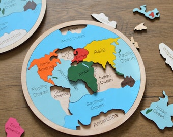 World Map Puzzle, Handmade wooden map of the world, Wood Puzzle Jigsaw Earth's Atmosphere Activity Educational Kids Room Gift for toddler