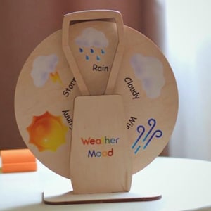 Roue météo Montessori pour enfants – Tourniquet météo et humeur quotidienne en bois – Jouet éducatif pour papa – Cadeau d'école maternelle à domicile