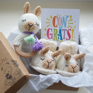 Unique pregnancy gift box for mom to be baby boy girl shower Gender reveal gift llama booties Congratulations pregnancy gift for new mom image 1