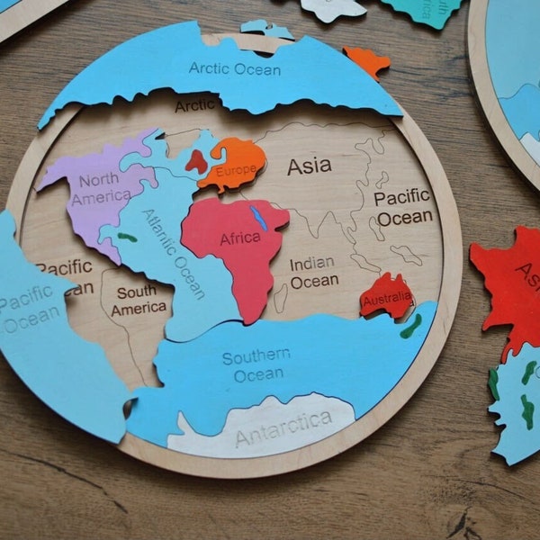 World Map Puzzle, Handmade wooden map of the world, Wood Puzzle Jigsaw Earth's Atmosphere Activity Educational Kids Room Gift for toddler