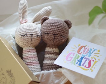 Twin rattle animal&#39;s, Twins baby gift set, twin mom gifts, twins pregnancy announcement, twins baby shower, twin girls, twin girl and boy