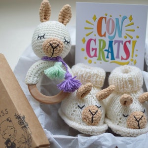 Unique pregnancy gift box for mom to be baby boy girl shower Gender reveal gift llama booties Congratulations pregnancy gift for new mom image 4