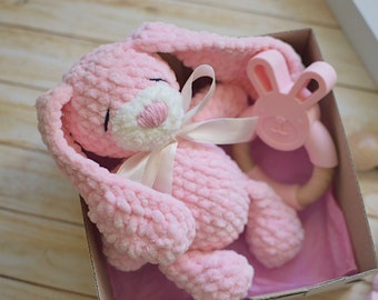 It's a girl Congratulations pregnancy baby girl gift Gift basket for a newborn Christening gift for newborn with crochet bunny cute bunny