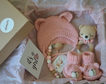 Baby shower gift Pink Its a Girl teddy crochet teddy animal booties box New mommy gift set for new baby born girl