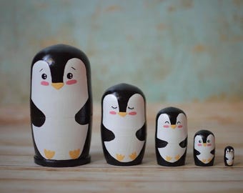 Matryoshka Wooden nesting toys for kids penguin stacking dolls Handmade wooden toys Kids toys Wooden toy Nursery penguin decor Matryoshka