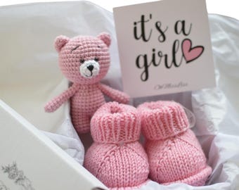 Gender reveal gift box with teddy toy It's a girl baby Gift basket for baby girl Congratulations pregnancy gift for new mom Christmas gift