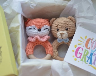 Twins baby gift set with Teddy Fox rattle, twin mom gifts, twins pregnancy announcement, twins baby shower, twin girls, twin girl and boy