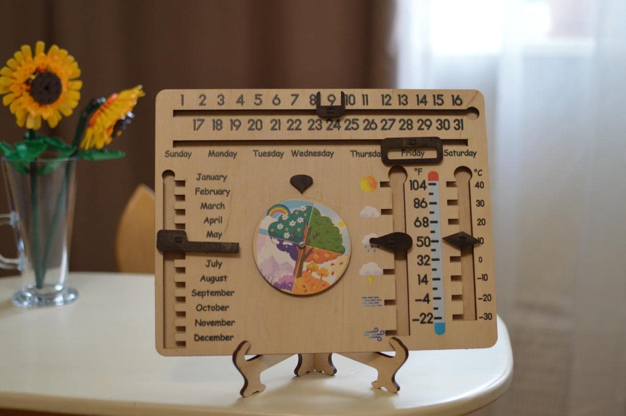 Houten eeuwigdurende kalender seizoenen wiel Montessori Waldorf leermiddel voor kinderen weer natuur - België