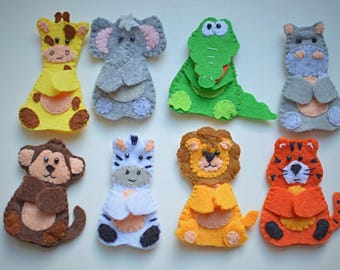 Coffret de marionnettes safari en feutrine, marionnettes à doigts d'animaux de la jungle, jeu de contes en feutrine – Jouet Montessori fait main, cadeau pour tout-petit, nombreux modèles