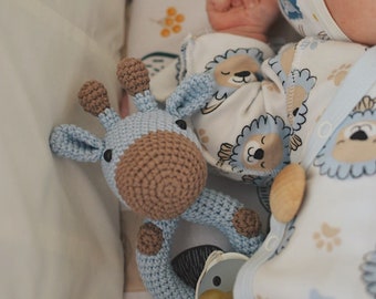 Congratulations pregnancy gift for new mom Gift basket for a newborn Christening gift for newborn Crochet rattle giraffe New baby gift set