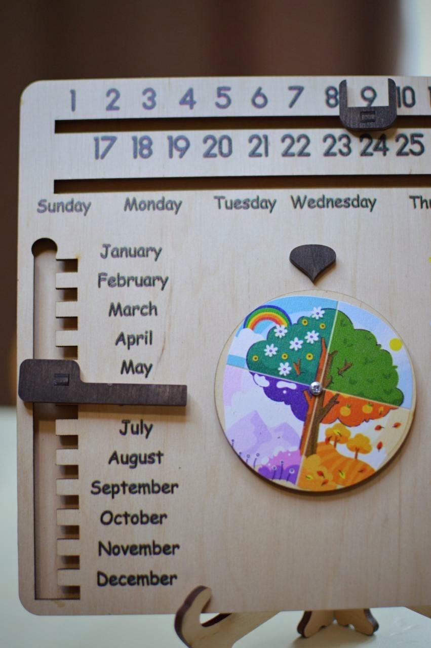 Houten eeuwigdurende kalender, houten kalender voor kinderen, houten speelgoed magnetische kalender, kinderen leren seizoenen, maanden en dagen van het jaar